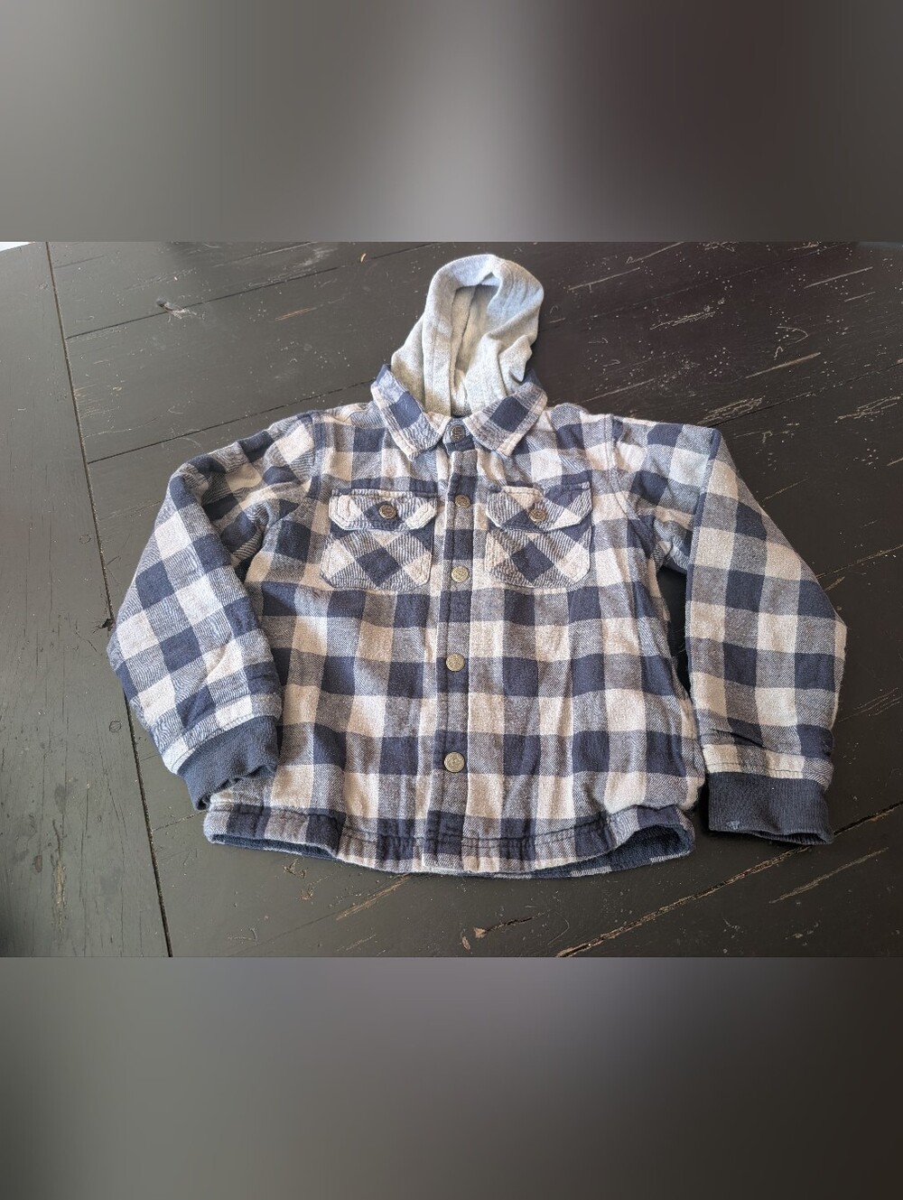 Toughskins Hooded Navy Blue Grey Flannel Shirt Jacket Shacket M (5/6) Gorpcore